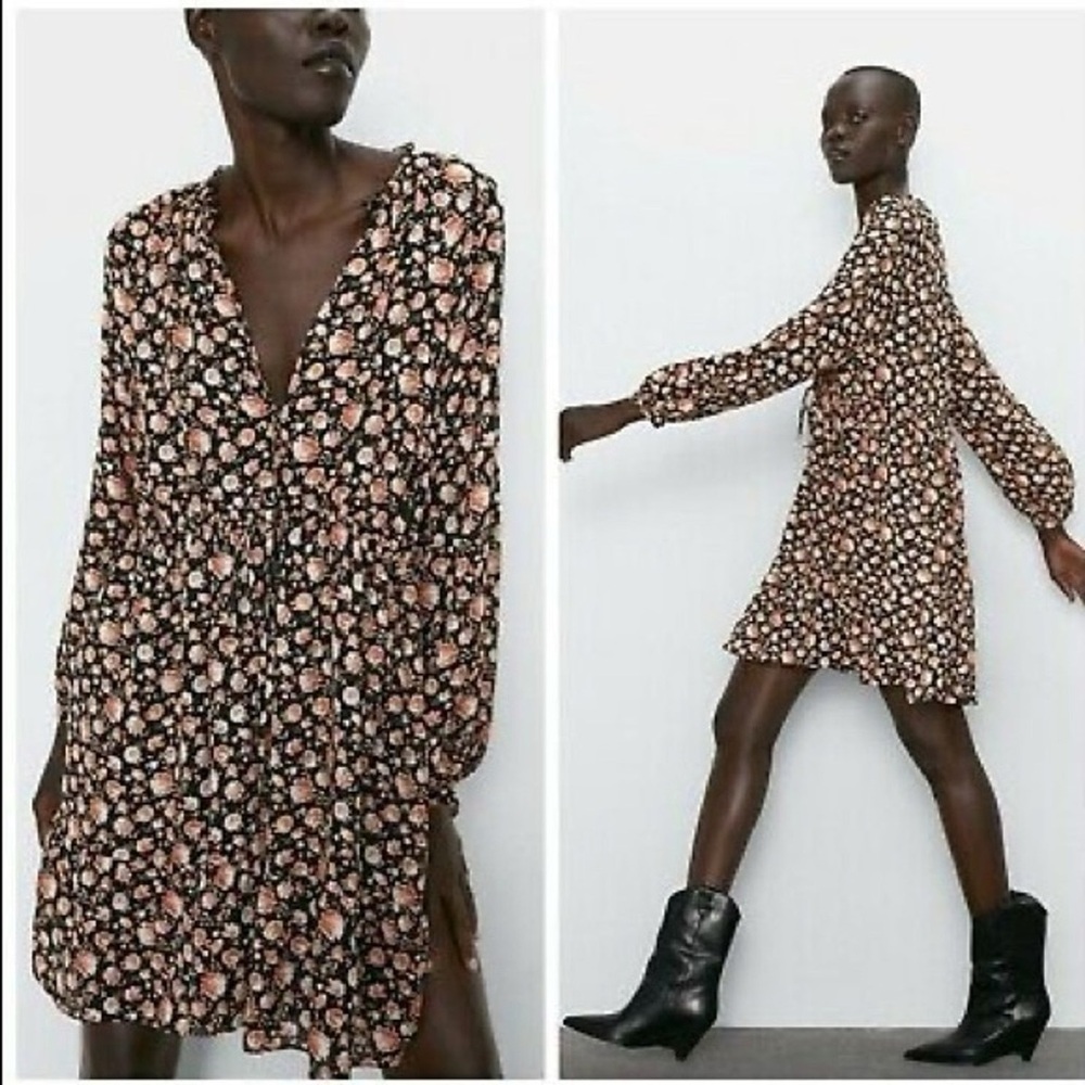 Zara Black and Pink Floral Long Sleeve Dress